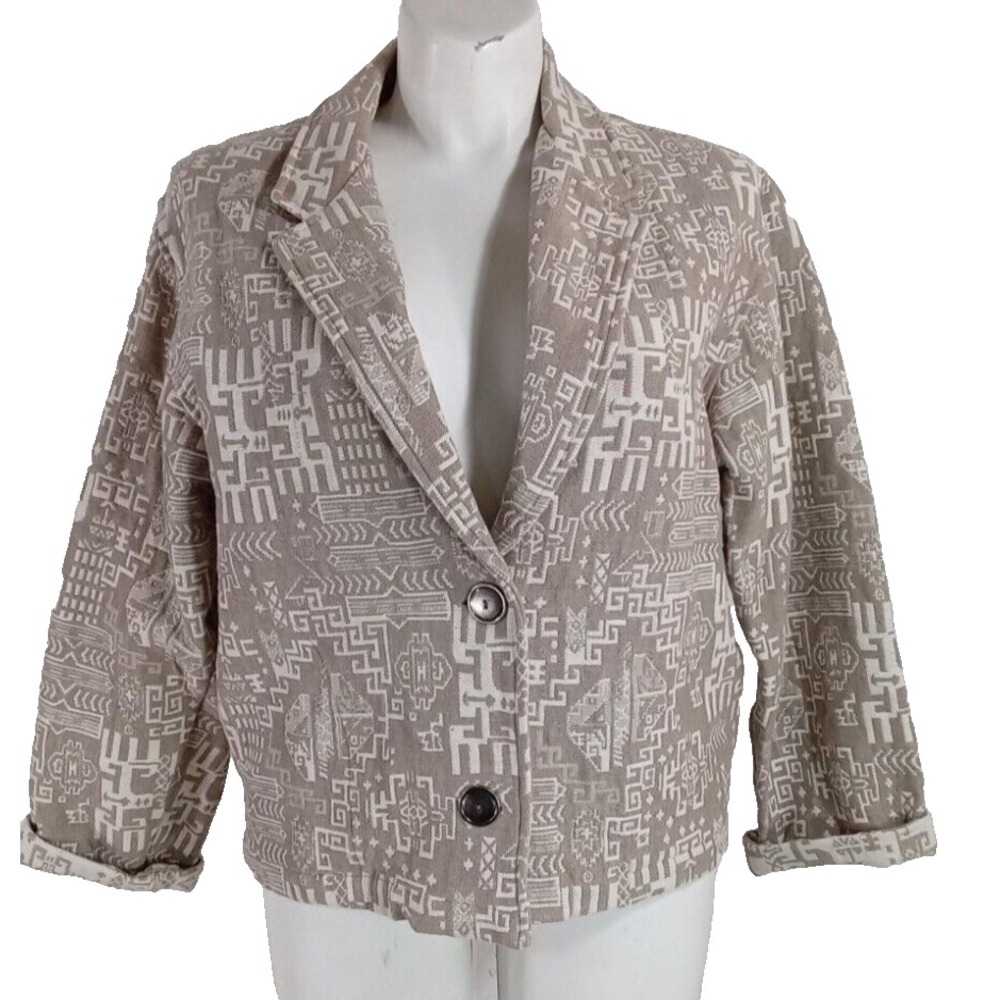 Chicos Design Jacket 2 US LARGE Tan White Geo Aztec Tapestry Button Front Coat